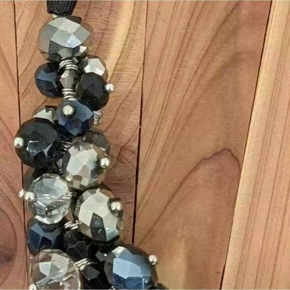 Ali-Kahn N.Y. Crystal Cluster Bead Necklace Black Silver Clear Ribbon Adjustable - Picture 8 of 10